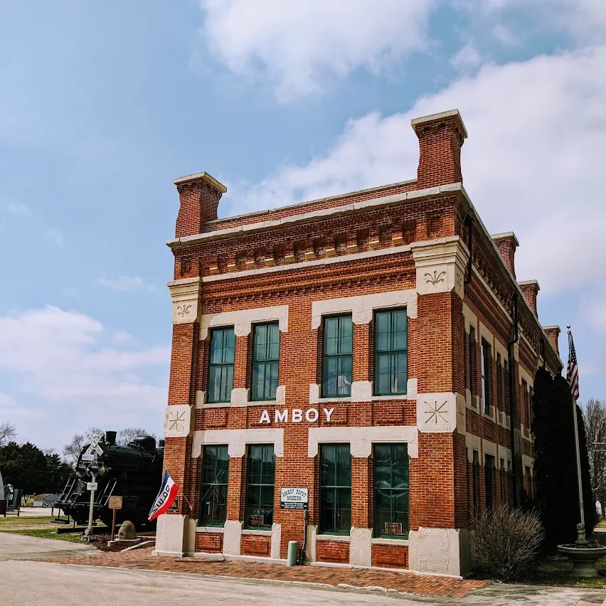 Close view of Amboy Depot's original Italianate brick cornice and limestone ornamentation